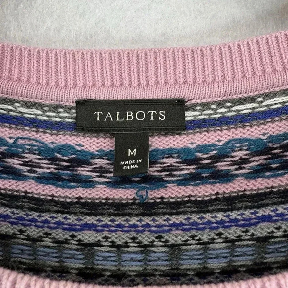 Talbots Women’s Lambswool Blend Fair Isle Sweater Size M Gray Pink Crew Neck - Picture 6 of 7